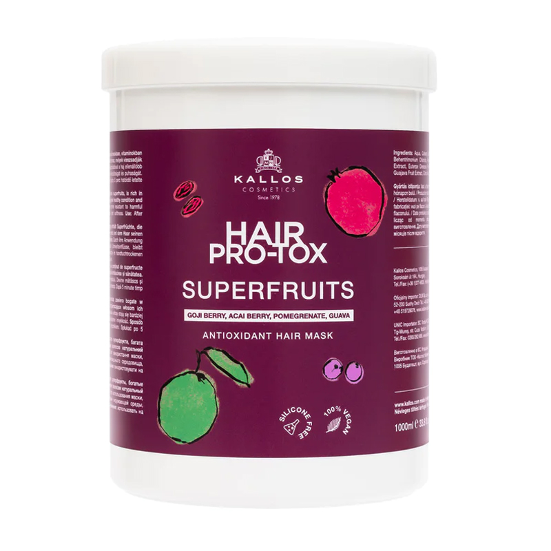 Антиоксидантна маска для волосся Kallos Cosmetics Hair Pro-Tox Superfruits Hair Mask з ягодами годжі, ягодами асаї, гранатом і гуавою, 1 л